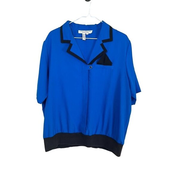 Vintage Top 16W Blue Retro 70s Color Block Artsy Workwear Neutral Minimalist - Picture 1 of 8